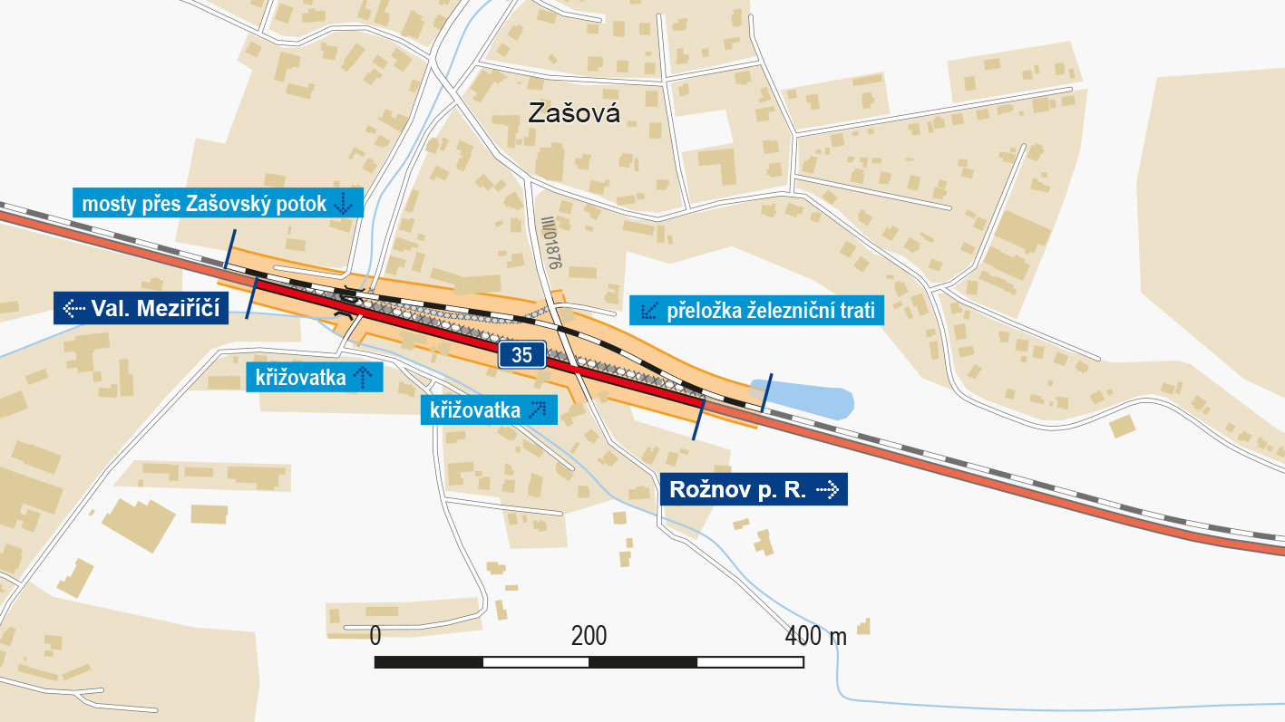 Mapka s popisem - Zašová (křizovatka)