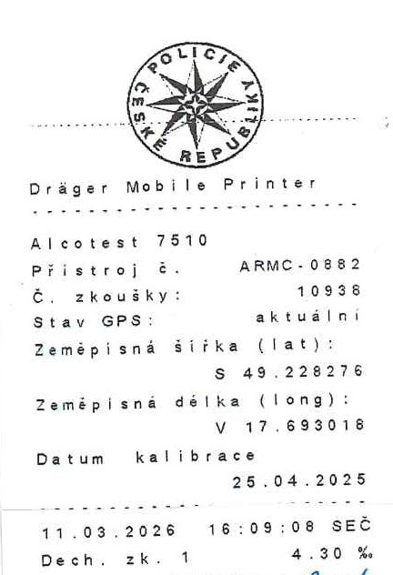Výsledek dechové zkoušky řidiče ve Zlíně. Zdroj: Policie ČR